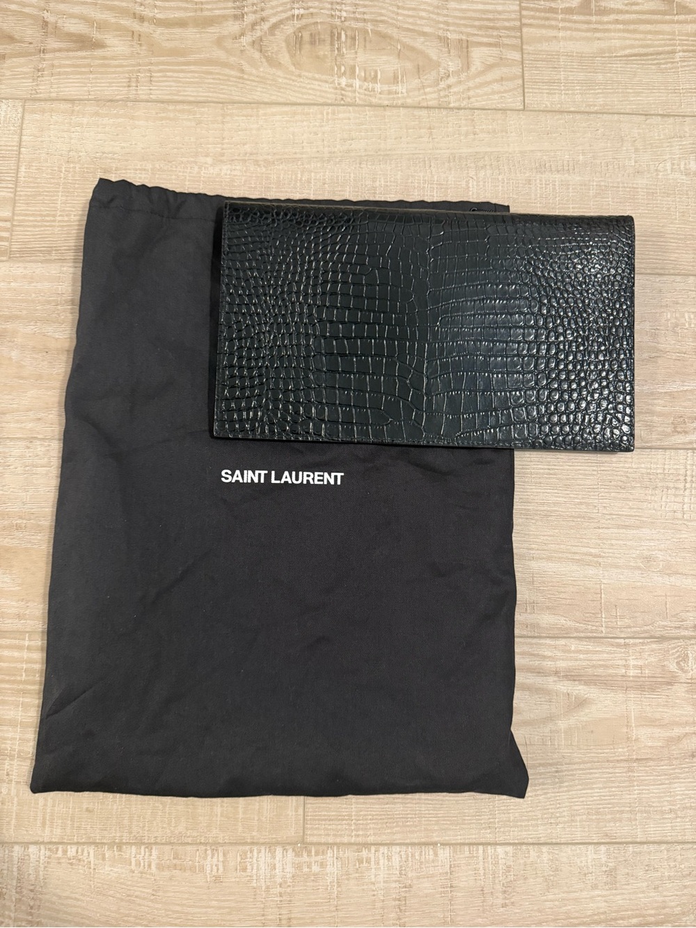 Saint Laurent Black Croc-Embossed YSL Envelope Clutch with Silver Logo - Picture 5 of 5